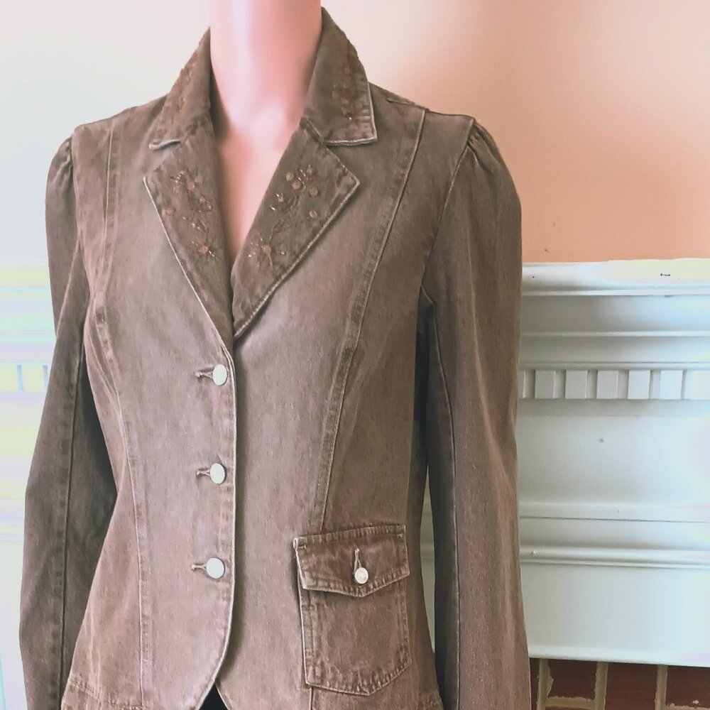 Jeanology Brown Denim Sequin Jacket 10 Distressed Blazer Front Pockets